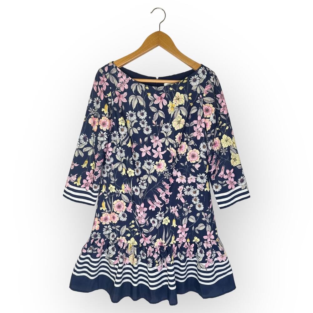 Eliza J Floral Striped Drop Waist Dress Size 6 Navy Blue Pink Printed 3/4 Sleeve
